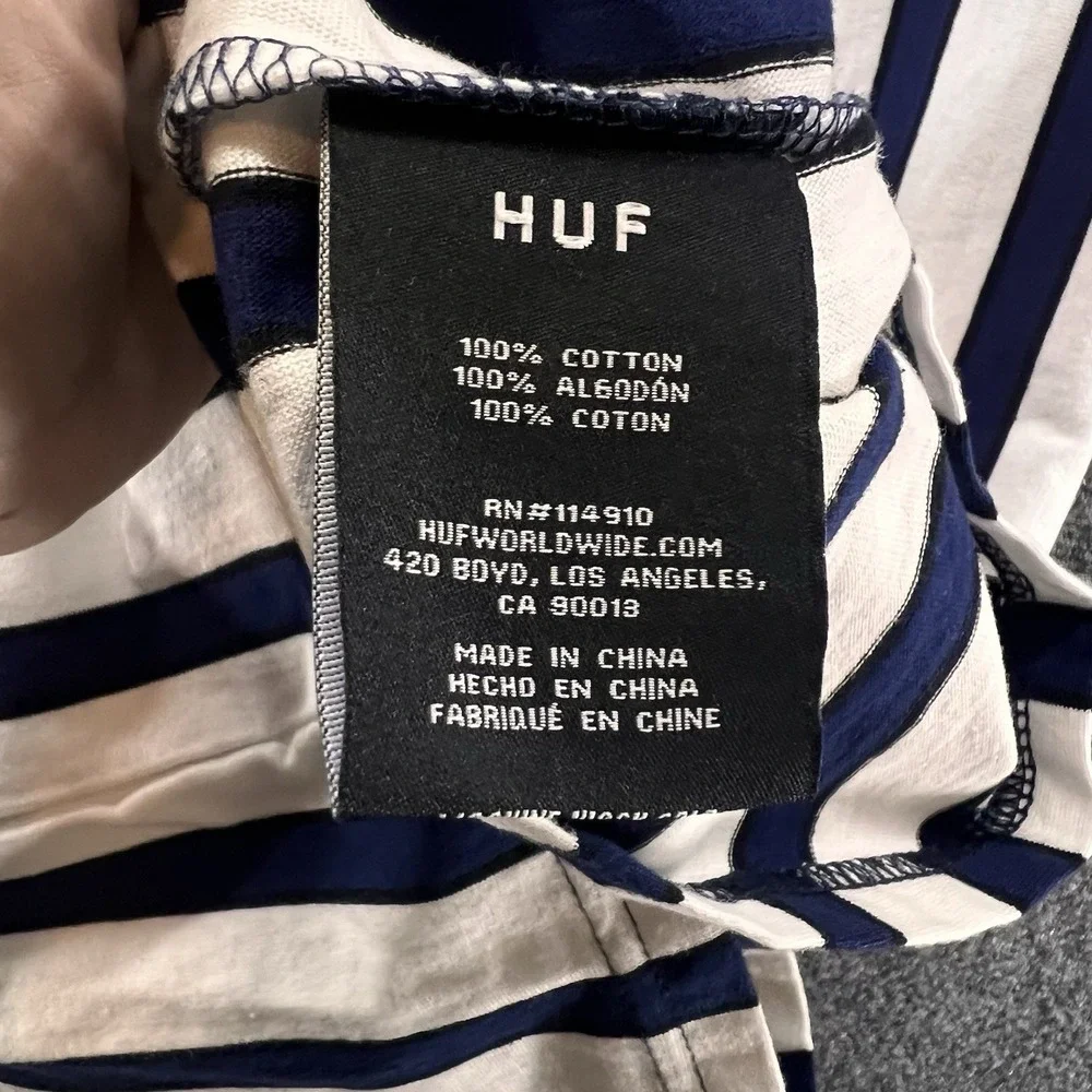 HUF Striped T-Shirt Mens Medium Short Sleeve Cotton Navy Blue/White Skater NWT